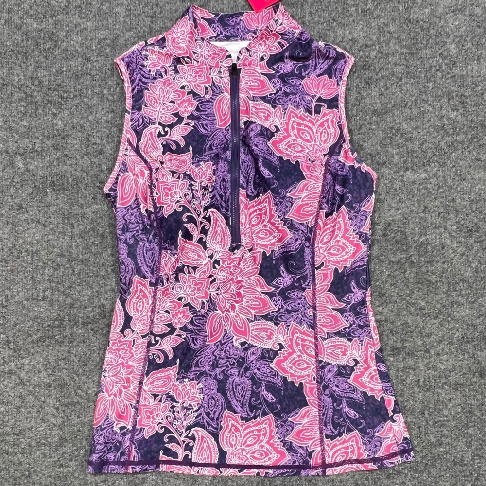 NWT Woweny Swim Top Women S Pink Paisley Half Zip Sleeveless Rash Guard Tankini
